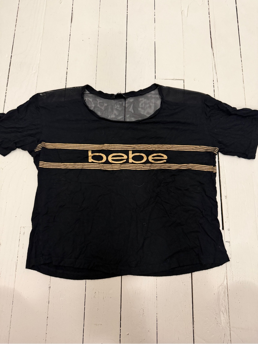 bebe Black Crop Tee with Gold Logo Stripes